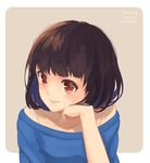  2016 artist_name bad_id bad_pixiv_id bangs bare_shoulders beige_background blunt_bangs blush brown_hair closed_mouth collarbone copyright_request dated hand_on_own_cheek head_rest head_tilt hinoshita_akame lips long_sleeves looking_to_the_side off-shoulder_sweater red_eyes simple_background smile solo sweater tareme upper_body 
