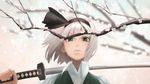  amino_(tn7135) bad_id bad_pixiv_id black_hairband blue_sky blurry blurry_background cherry_blossoms collared_shirt day expressionless green_eyes green_vest hairband katana konpaku_youmu lips looking_at_viewer looking_down over_shoulder petals shirt short_hair silver_hair sky solo sword sword_over_shoulder touhou upper_body vest weapon weapon_over_shoulder white_shirt wind 