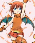  :d amano_kouki arm_up bare_shoulders blue_eyes blush brown_gloves brown_hair charizard fingerless_gloves fire flame gen_1_pokemon gloves hair_flaps highres knee_up looking_at_viewer monster_girl open_mouth orange_legwear personification pink_background pleated_skirt pokemon red_skirt simple_background sketch skirt sleeveless smile solo sweater_vest tail tail-tip_fire tareme thighhighs turtleneck wings zettai_ryouiki 