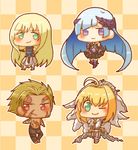  2girls ;) beowulf_(fate/grand_order) blonde_hair blue_hair bridal_veil brynhildr_(fate) checkered checkered_background chibi daifuku_mogu dark_skin dark_skinned_male elbow_gloves fate/extra fate/extra_ccc fate/grand_order fate/prototype fate/prototype:_fragments_of_blue_and_silver fate_(series) fionn_mac_cumhaill_(fate/grand_order) gloves green_eyes headgear long_hair looking_at_viewer multiple_boys multiple_girls nero_claudius_(bride)_(fate) nero_claudius_(fate)_(all) one_eye_closed purple_eyes red_eyes scar shirtless skirt smile veil 