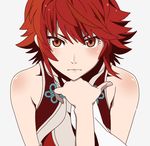  fire_emblem fire_emblem_if hand_on_own_chin hinoka_(fire_emblem_if) looking_at_viewer moumo_(muuumomo) red_eyes red_hair serious short_hair simple_background sleeveless solo tsurime white_background 
