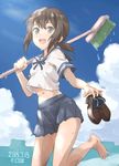  2015 black_eyes black_hair broom cb dated fubuki_(kantai_collection) kantai_collection long_hair open_mouth ponytail school_uniform serafuku shoes skirt smile solo 