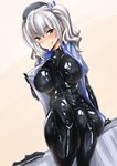  :q arm_support ayuayu_(shouyu_no_sato) black_bodysuit blue_eyes blush bodysuit bow breasts covered_nipples dutch_angle hair_bow highres kantai_collection kashima_(kantai_collection) large_breasts latex licking_lips naughty_face open_clothes shiny silver_hair sitting skin_tight solo tongue tongue_out twintails 