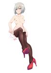  absurdres blue_eyes blush breasts brown_legwear eyes_visible_through_hair foreshortening hair_ornament hair_over_one_eye hairclip hamakaze_(kantai_collection) high_heels highres kantai_collection looking_at_viewer medium_breasts nipples nude pussy_juice qing_lan red_footwear shoes short_hair silver_hair solo thighhighs vibrator 