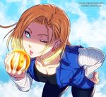  android_18 ar-ua artist_name bent_over blonde_hair blue_eyes breasts cleavage colorized deviantart_username downblouse dragon_ball dragon_ball_(object) dragon_ball_z earrings hand_on_hip highres jewelry lips medium_breasts nail_polish one_eye_closed pantyhose patreon_username saeki_shun solo vest watermark web_address 