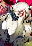  breasts cleavage covered_mouth dress enemy_aircraft_(kantai_collection) hair_over_one_eye hand_on_own_face highres horns kantai_collection large_breasts long_hair looking_at_viewer midway_hime open_mouth pale_skin red_eyes shinkaisei-kan solo teeth tsubasa19900920 veins very_long_hair white_dress white_hair white_skin 