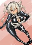  ayuayu_(shouyu_no_sato) bandages black_bodysuit bodysuit breasts brown_eyes budget_sarashi cleavage dutch_angle glasses grey_hair hair_between_eyes high_heels kantai_collection large_breasts latex leaning_forward looking_to_the_side mouth_hold musashi_(kantai_collection) sarashi simple_background skin_tight smile solo two_side_up 