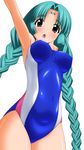  absurdres aqua_hair braid canal_vorfeed competition_swimsuit dutch_angle highres long_hair lost_universe one-piece_swimsuit purple_eyes solo sugimura_tomokazu swimsuit twin_braids twintails 