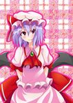  arms_behind_back ascot bat_wings blush commentary_request dress fang frills hat hat_ribbon kan_lee lavender_hair looking_at_viewer mob_cap pink_dress pink_eyes puffy_short_sleeves puffy_sleeves red_ribbon remilia_scarlet ribbon short_hair short_sleeves skirt skirt_set smile solo touhou wings 