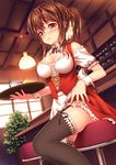  apron black_legwear blush breasts brown_eyes brown_hair commentary_request garter_straps highres long_hair looking_at_viewer medium_breasts moe2016 nazu-na original ponytail skirt smile solo thighhighs thighs tray waitress wrist_cuffs 