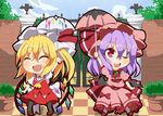  :d ascot blush bow checkered checkered_floor chibi commentary_request dress fang flandre_scarlet gate hat hat_ribbon kan_lee mob_cap multiple_girls open_mouth parasol puffy_short_sleeves puffy_sleeves red_bow red_eyes red_ribbon remilia_scarlet ribbon short_sleeves siblings sisters smile touhou umbrella wings 