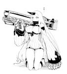  boots breasts claws collar covered_mouth detached_sleeves dress fallout fallout_4 fatman_(fallout) greyscale horn kantai_collection kneeling large_breasts long_hair mizusaki_(tengoku) monochrome navel nuclear_weapon ribbed_dress rocket_launcher seaport_hime shinkaisei-kan short_dress solo translated very_long_hair weapon 