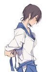  brown_hair hatyo japanese_clothes kaga_(kantai_collection) kantai_collection looking_down parted_lips side_ponytail solo sweat undressing yellow_eyes 
