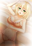  ayasato_karen bad_id bad_pixiv_id blush bra breasts cleavage collarbone frilled_bra frilled_panties frills highres large_breasts looking_at_viewer lying navel nora_to_oujo_to_noraneko_heart on_back open_mouth orange_bra orange_panties panties short_hair solo taut_clothes topknot underwear underwear_only yuuri_shachi 