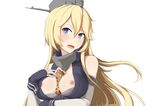  absurdres bad_id bad_pixiv_id blonde_hair blue_eyes blush breast_hold breasts cleavage fedsnk gloves highres hot_dog iowa_(kantai_collection) kantai_collection large_breasts long_hair nipples no_bra open_clothes open_shirt rigging sexually_suggestive shirt smile solo white_background 