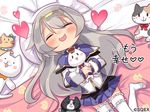  blush cat closed_eyes eco_(petticoat) grey_hair hairband heart lucille_aleister official_art open_mouth pleated_skirt pop-up_story skirt solo st._feles_gakuen_uniform stuffed_animal stuffed_cat stuffed_toy thighhighs translated wavy_mouth white_legwear 