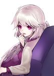  ainy77 bad_id bad_pixiv_id chair dress finger_to_mouth jacket kishin_sagume long_sleeves looking_at_viewer looking_back open_mouth pink_eyes short_hair silver_hair simple_background single_wing sitting solo touhou upper_body white_background wings 