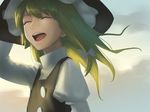  amino_(tn7135) backlighting bad_id bad_pixiv_id black_vest blonde_hair bow closed_eyes cloud day hair_bow hand_on_headwear hat kirisame_marisa long_hair morning open_mouth outdoors shiny shiny_hair shirt smile solo sunlight touhou turtleneck vest white_shirt witch_hat 