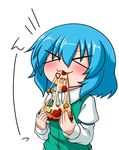  &gt;_&lt; :3 bad_id bad_pixiv_id bell_pepper blue_hair blush cheese cheese_trail closed_eyes eating food highres holding_pizza juliet_sleeves katsumi5o long_sleeves mushroom pepper pepperoni pizza puffy_sleeves short_hair solo tatara_kogasa touhou translated tunic turtleneck upper_body x3 