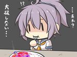  1girl aoba_(kantai_collection) bangs blue_scrunchie breasts chibi commentary_request food goma_(gomasamune) hair_between_eyes hair_ornament hair_scrunchie kantai_collection medium_breasts neckerchief pink_hair plate ponytail school_uniform scrunchie serafuku solo spoon spoon_in_mouth tentacles translated 