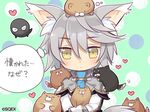  &gt;_&lt; animal animal_ears animal_on_head animal_on_shoulder blush closed_eyes dog dog_on_head eco_(petticoat) heart holding holding_animal official_art on_head pack_of_dogs pop-up_story rita_drake short_hair silver_hair solo st._feles_gakuen_uniform tail thought_bubble too_many too_many_dogs translated wolf_ears wolf_girl wolf_tail yellow_eyes 