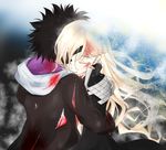  1girl black_hair blonde_hair blood blood_from_mouth blood_on_face bloody_clothes closed_eyes eyepatch hat hug kamijou_touma long_hair othinus shin_(highest1192) spiked_hair to_aru_majutsu_no_index to_aru_majutsu_no_index:_new_testament torn_clothes witch_hat 