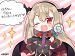  blonde_hair blush camilla_regina candy eco_(petticoat) fang food head_wings lollipop long_hair low_wings official_art one_eye_closed pointy_ears pop-up_story red_eyes solo sparkle st._feles_gakuen_uniform translated vampire wings 
