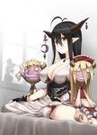  antenna_hair bandaged_arm bandages bed black_gloves black_hair blush breasts cleavage crescent danua draph dress fingerless_gloves gloves granblue_fantasy hair_between_eyes highres horn_ornament horns jewelry kamata_yuuya large_breasts long_hair looking_at_viewer necklace pointy_ears red_eyes sitting solo stuffed_toy wariza white_dress 