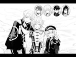  ^_^ armor cape closed_eyes double_v doudanuki_masakuni greyscale grin hat holiday-jin hotarumaru ichigo_hitofuri japanese_armor letterboxed male_focus monochrome monoyoshi_sadamune multiple_boys mutsu-no-kami_yoshiyuki necktie open_mouth scar shoulder_armor smile sode tarou_tachi touken_ranbu tsurumaru_kuninaga v 