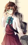  adjusting_eyewear black_hair glasses green_eyes highres kaede_(mmkeyy) kantai_collection okinami_(kantai_collection) school_uniform short_hair smile solo turret 