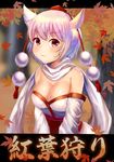  :3 animal_ears autumn_leaves bare_shoulders blush breasts cleavage detached_sleeves hat inubashiri_momiji large_breasts looking_at_viewer outdoors pom_pom_(clothes) red_eyes scarf short_hair sketch solo tokin_hat touhou translation_request tree uemura_shun upper_body white_hair wolf_ears 