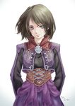  arms_behind_back black_eyes brown_hair commentary copyright_name dated final_fantasy final_fantasy_xi head_tilt highres hume morere short_hair signature simple_background smirk solo upper_body white_background 