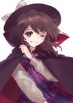  ainy77 bad_id bad_pixiv_id blush brown_eyes brown_hair cape dress flying_sweatdrops grin hat long_sleeves looking_at_viewer no_eyewear plaid plaid_dress short_hair simple_background smile solo touhou upper_body usami_sumireko white_background 
