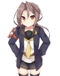  &gt;:) alternate_costume alternate_hairstyle amano_kouki brown_eyes brown_hair c: commentary_request cosplay highres jacket kantai_collection long_hair looking_at_viewer remodel_(kantai_collection) satsuki_(kantai_collection) satsuki_(kantai_collection)_(cosplay) school_uniform serafuku simple_background smile solo thighhighs twintails v-shaped_eyebrows white_background zettai_ryouiki zuihou_(kantai_collection) 