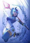 android blue_eyes blue_hair gloves helmet leviathan_(rockman) polearm rockman rockman_zero solo spear thighhighs water weapon zoner 