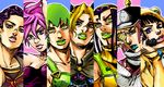  araki_hirohiko_(style) bear_ears blonde_hair blue_eyes blue_hair blue_lipstick breasts choker cleavage column_lineup cream_starter_(stand) double_bun ermes_costello facial_mark fake_animal_ears foo_fighters green_eyes green_hair green_lipstick hairlocs hat higashikata_daiya hood hot_pants_(sbr) jojo_no_kimyou_na_bouken jojolion kuujou_jolyne lipstick makeup medium_breasts metamin_(memethah) multicolored_hair orange_eyes overalls pink_hair pink_lipstick purple_hair school_uniform serafuku short_hair stand_(jojo) steel_ball_run trish_una turtleneck two-tone_hair yamagishi_yukako 