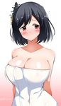  black_hair blush breasts cleavage collarbone embarrassed hair_between_eyes hair_ornament huge_breasts kantai_collection looking_to_the_side naked_towel off_shoulder pouty_lips red_eyes short_hair solo towel yamashiro_(kantai_collection) yuuki_hb 