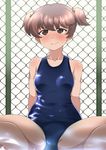  3: alisa_(girls_und_panzer) angry arm_support blue_swimsuit blush brown_eyes brown_hair chain-link_fence collarbone embarrassed fence freckles girls_und_panzer hair_ornament kurosawa_shouichi leaning_back looking_at_viewer old_school_swimsuit one-piece_swimsuit school_swimsuit short_hair sitting solo spread_legs star star_hair_ornament swimsuit tearing_up v-shaped_eyebrows 