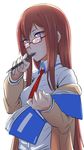  bespectacled biting book cardigan glasses holding holding_book holding_pencil long_hair makise_kurisu mechanical_pencil necktie open_book pencil purple_eyes red_hair shirt simple_background solo steins;gate un white_background white_shirt 