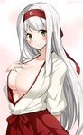 arm_behind_back blush breasts cleavage collarbone hairband hakama_skirt hand_on_breast japanese_clothes kantai_collection large_breasts long_hair looking_at_viewer open_clothes red_skirt shoukaku_(kantai_collection) silver_hair skirt smile solo twitter_username yellow_eyes yuuki_hb 