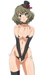  bikini black_gloves black_legwear blue_eyes breasts bridal_gauntlets brown_hair chikuishi gloves green_eyes hands_together hat heterochromia idolmaster idolmaster_cinderella_girls looking_at_viewer medium_breasts micro_bikini mole mole_under_eye short_hair single_thighhigh smile solo swimsuit takagaki_kaede thighhighs underboob wide_hips 