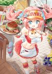  apron blue_eyes blush cat chair detached_collar drink drinking_straw elbow_pads fang flower flower_pot food french_fries from_above hamburger happy hat heart highres knee_pads long_hair looking_at_viewer midriff moe2016 naka_akira navel open_mouth original pansy pink_hair pleated_skirt roller_skates skates skirt smile solo stomach table tray twintails visor_cap waist_apron waitress 