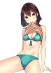  1girl aqua_bikini arm_support bikini blush breasts brown_hair cleavage ear_studs earrings groin highres jewelry kagematsuri looking_at_viewer mouth_hold navel shirt_lift short_hair simple_background sitting sleeveless sleeveless_turtleneck smile solo stomach swimsuit turtleneck white_background 