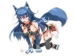  all_fours animal_ears blue_hair blush breasts claws collar fang fooring froze_(monster_musume) long_hair medium_breasts monster_girl monster_musume_no_iru_nichijou monster_musume_no_iru_nichijou_online open_mouth pink_eyes simple_background solo tail white_background wolf_ears wolf_girl wolf_paws wolf_tail 