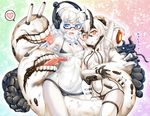  :&lt; armpits between_legs black_bra blue_eyes blush bra braid breasts cameltoe glasses gloves hase_yu headphones heart heavy_cruiser_hime horns kantai_collection looking_at_viewer medium_breasts multiple_girls off_shoulder open_mouth pale_skin pt_imp_group saliva shinkaisei-kan silver_hair supply_depot_hime tongue underwear yellow_eyes 