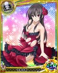  artist_request black_hair card_(medium) character_name chess_piece dress flower hair_flower hair_ornament high_school_dxd long_hair official_art pawn purple_eyes raynare red_dress smile solo torn_clothes trading_card 