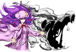  bad_id bad_pixiv_id bow breasts capelet crescent crescent_moon_pin dress hair_ribbon hat hat_ornament kan_(aaaaari35) long_hair long_sleeves materializing medium_breasts mob_cap monster patchouli_knowledge purple_coat purple_dress purple_hair ribbon roaring shaded_face simple_background sketch smirk solo striped striped_dress touhou tress_ribbon white_background wind 