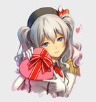  blue_eyes blush box epaulettes gloves grey_background hat heart heart-shaped_box holding kantai_collection kashima_(kantai_collection) pinakes red_ribbon ribbon silver_hair simple_background smile solo twintails upper_body valentine wavy_hair white_gloves 