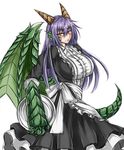  alternate_costume apron blush breasts dragon dragon_(monster_girl_encyclopedia) dragon_girl enmaided frills green_wings highres horns large_breasts long_hair looking_at_viewer maid maid_apron monster_girl monster_girl_encyclopedia open_mouth purple_hair sanmotogoroo scales skirt solo tail wings 