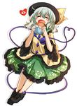  closed_eyes eating floral_print food hamburger hat heart komeiji_koishi long_sleeves open_mouth shirt silver_hair sindre skirt solo third_eye touhou wide_sleeves 